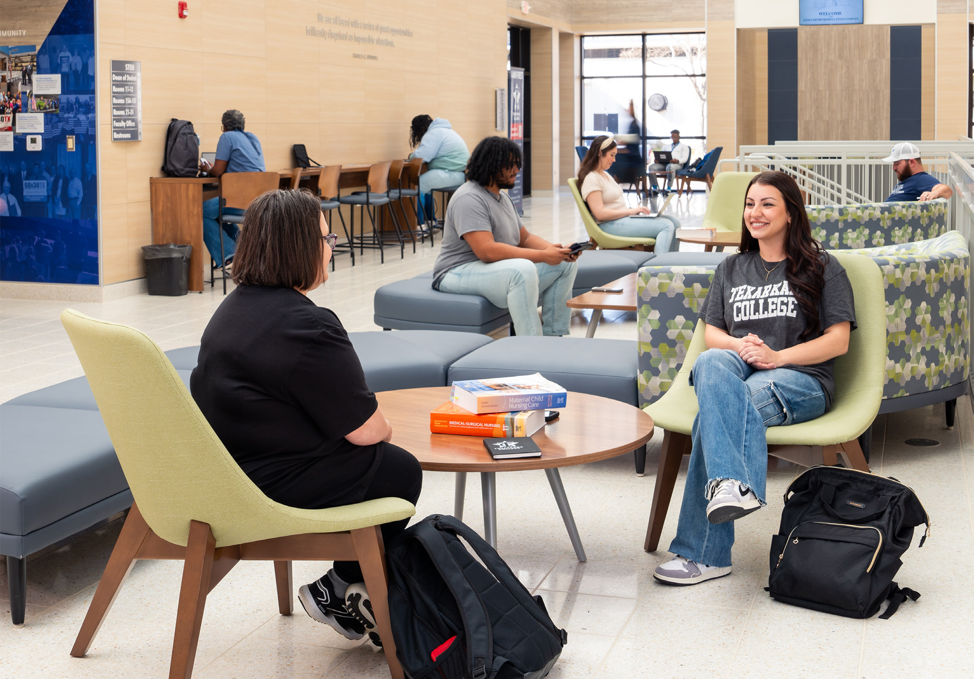 Students chatting in the STEM lobby